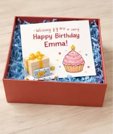 A printed birthday card for Emma inside a gift box