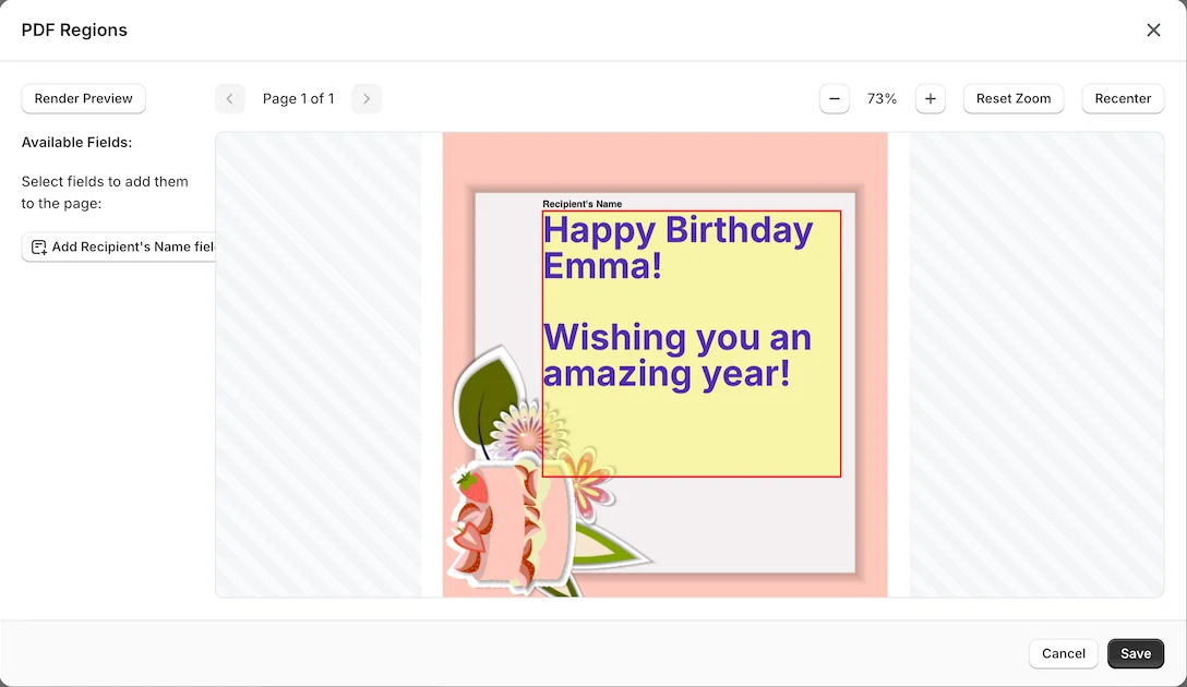 Noteable's PDF region editor placing a recipient's name on a birthday card