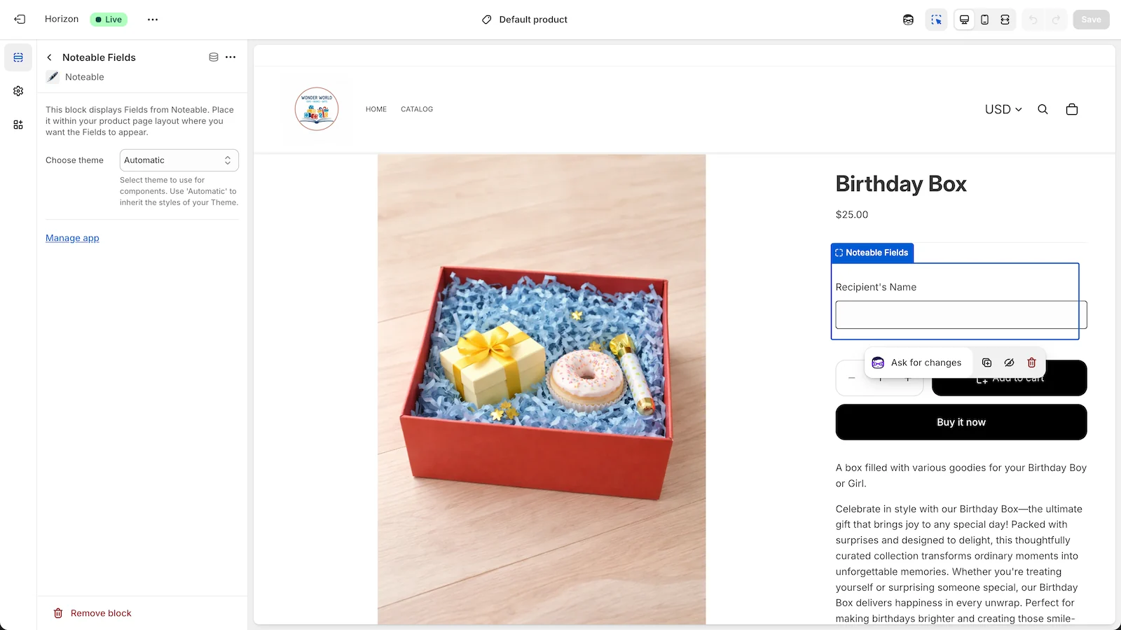 The Noteable Fields block on a product page in the Shopify theme editor